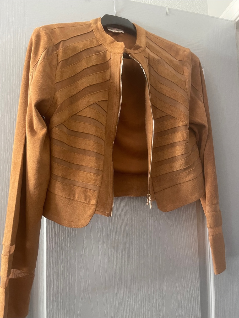 Chocolate Caramel Suede Striped Panel Zip Jacket